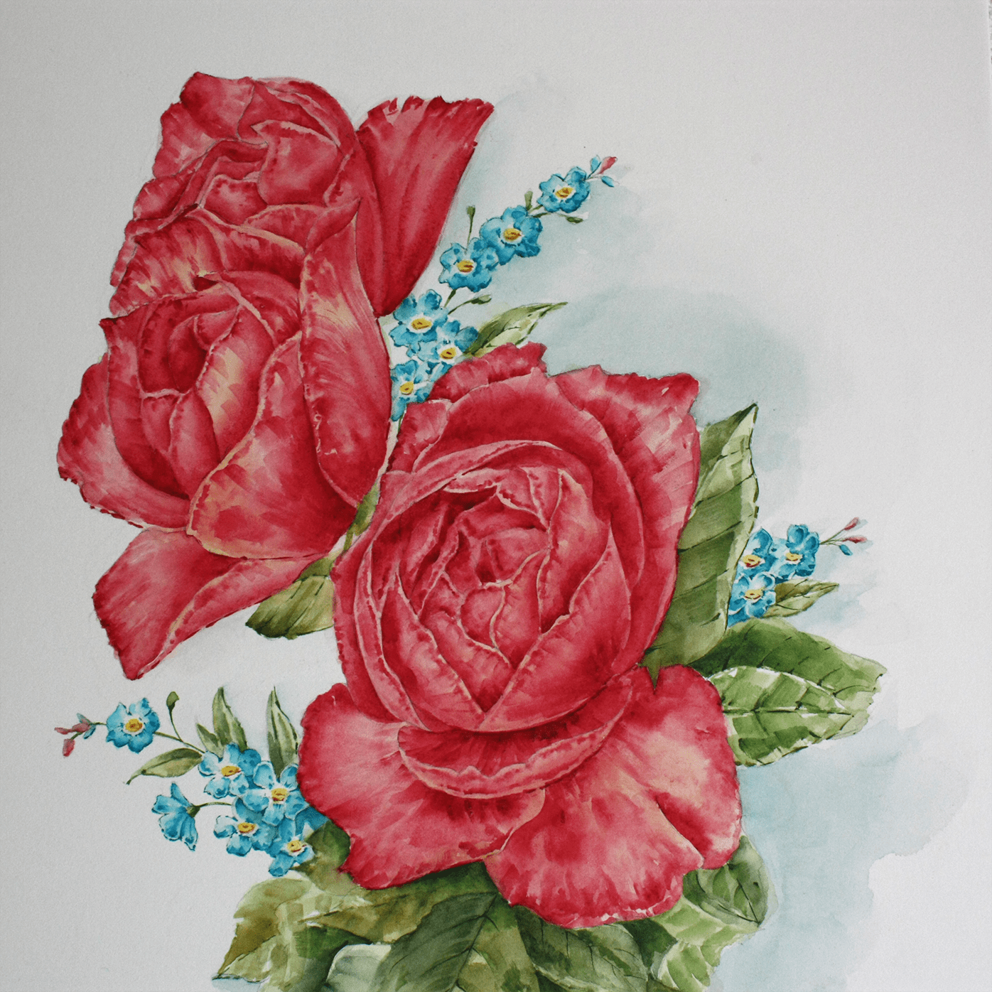薔薇ブルジョアとワスレナ草のブーケ画（F6サイズ：410mm×318mm）